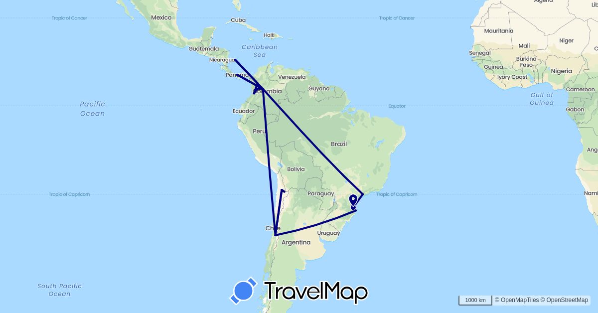 TravelMap itinerary: driving in Brazil, Chile, Colombia, Panama (North America, South America)